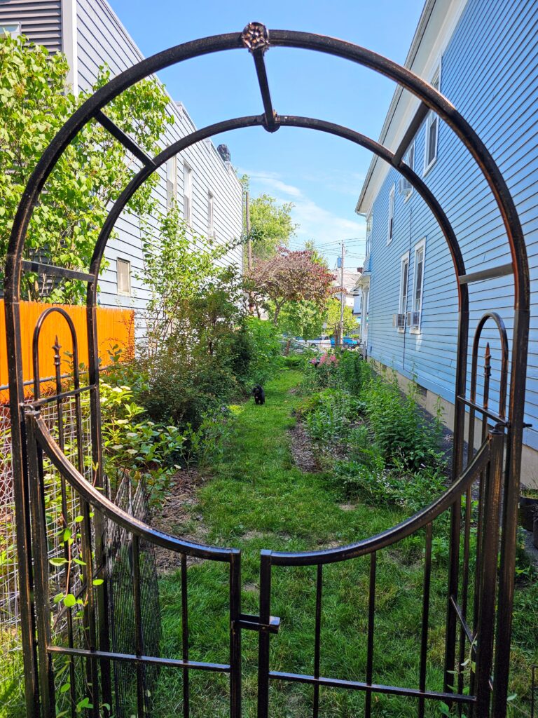 The circle gate Donna and her son constructed in the cold of March adds intention to the garden.